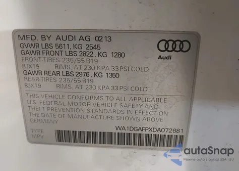 2013 Audi Q5 3.0T Premium Plus from USA, damaged, VIN WA1DGAFPXDA072681